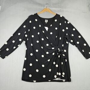 Anne Klein Top Womens 2X Faux Wrap Black Polka Dot Slinky Jersey Knit Office